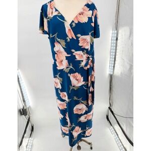 R&B Women Navy Blue Pink Floral Wrap V-Neck Maxi Dress Size 2X Short Sleeve
